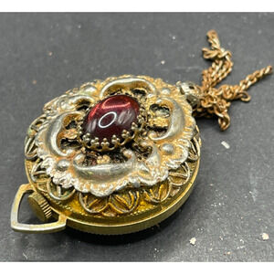 Vintage Lucerne Swiss Made Gold-Tone Ornate Pocket Locket Watch W/ Chain 34mm